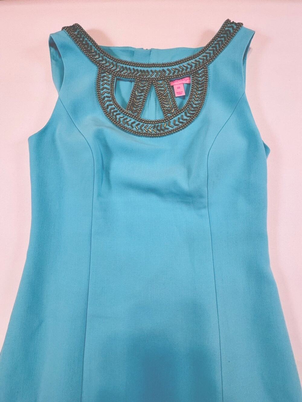 Lilly Pulitzer Lane Cutout Shift Aqua Blue Gold Beaded Cutout Dress Size 00